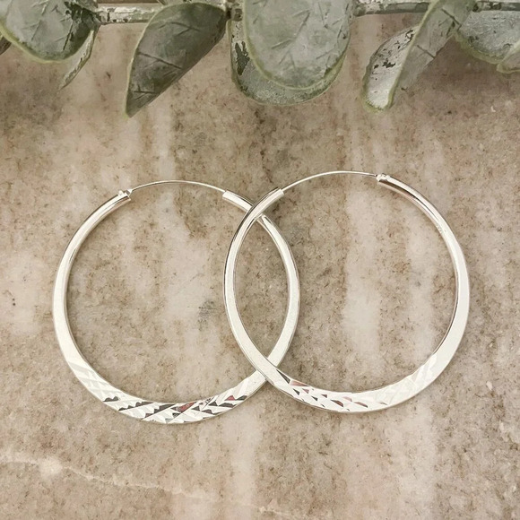 925 Sterling Silver Hoop Earrings Diamond Cut Textured Hoop Earrings - Picture 2 of 5
